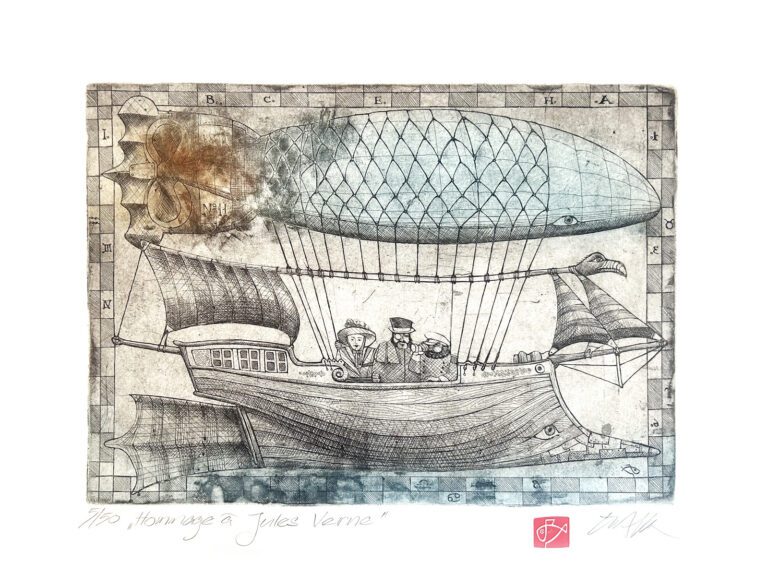 Hommage A Jules Verne, obraz styl grafika Juraj Cutek akademicky sochar